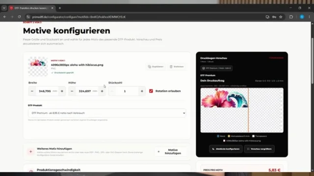 DTF-Druckbögen selbst konfigurieren? So funktioniert’s! 🔥

Mit unserem PrimeDTF Druckbogenkonfigurator stellst du deine Druckbögen ganz nach deinem Bedarf zusammen.

✔️ Lade deine eigenen Designs und Logos hoch.
✔️ Platziere unterschiedliche Motive auf deinem Druckbogen.
✔️ Passe die Größen und Stückzahlen an.
✔️ Nutze die Druckfläche möglichst effizient.
✔️ Bestelle deine fertigen DTF-Transfers direkt online.

📦 95 % taggleicher Versand.
🎨 Brillante Farben und hochwertige Druckergebnisse.
🔥 Hotpeel-Transfers für eine schnelle Weiterverarbeitung.
💰 Attraktive Staffelpreise und Treuevorteile.

👉 Schau dir unsere Anleitung an und probiere den Druckbogenkonfigurator direkt selbst aus!
primedtf.de